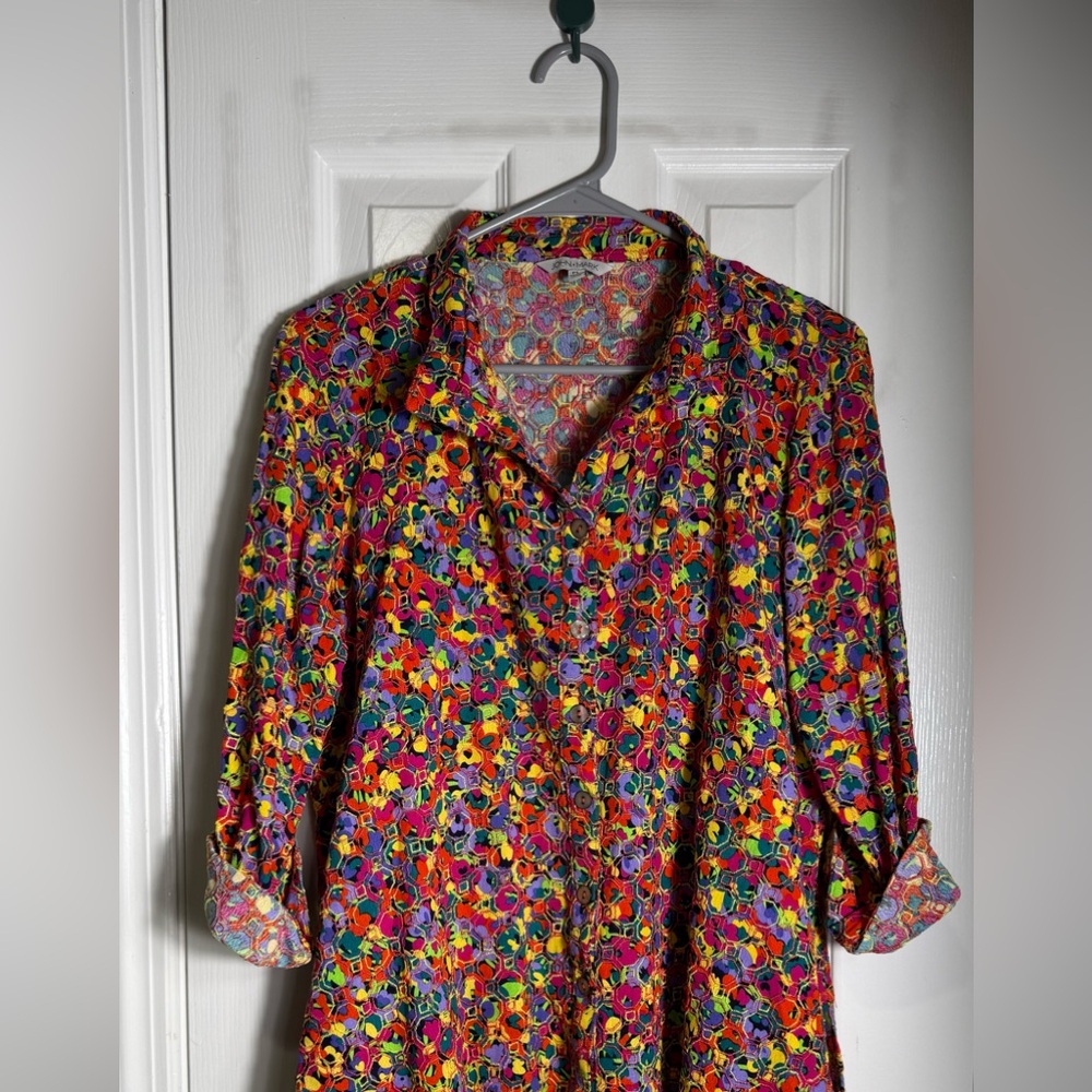 John Mark‎ Embroidered Button Front Blouse PL Petite Large Multicolor Artwear